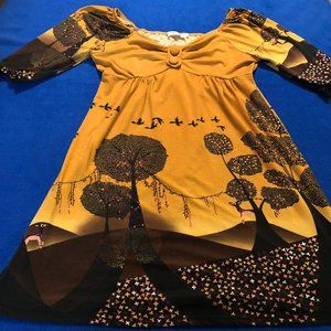 Aryeh Yellow Unique Graphic Nature Print Midi Dress 3/4 Sleeve Women's Size M